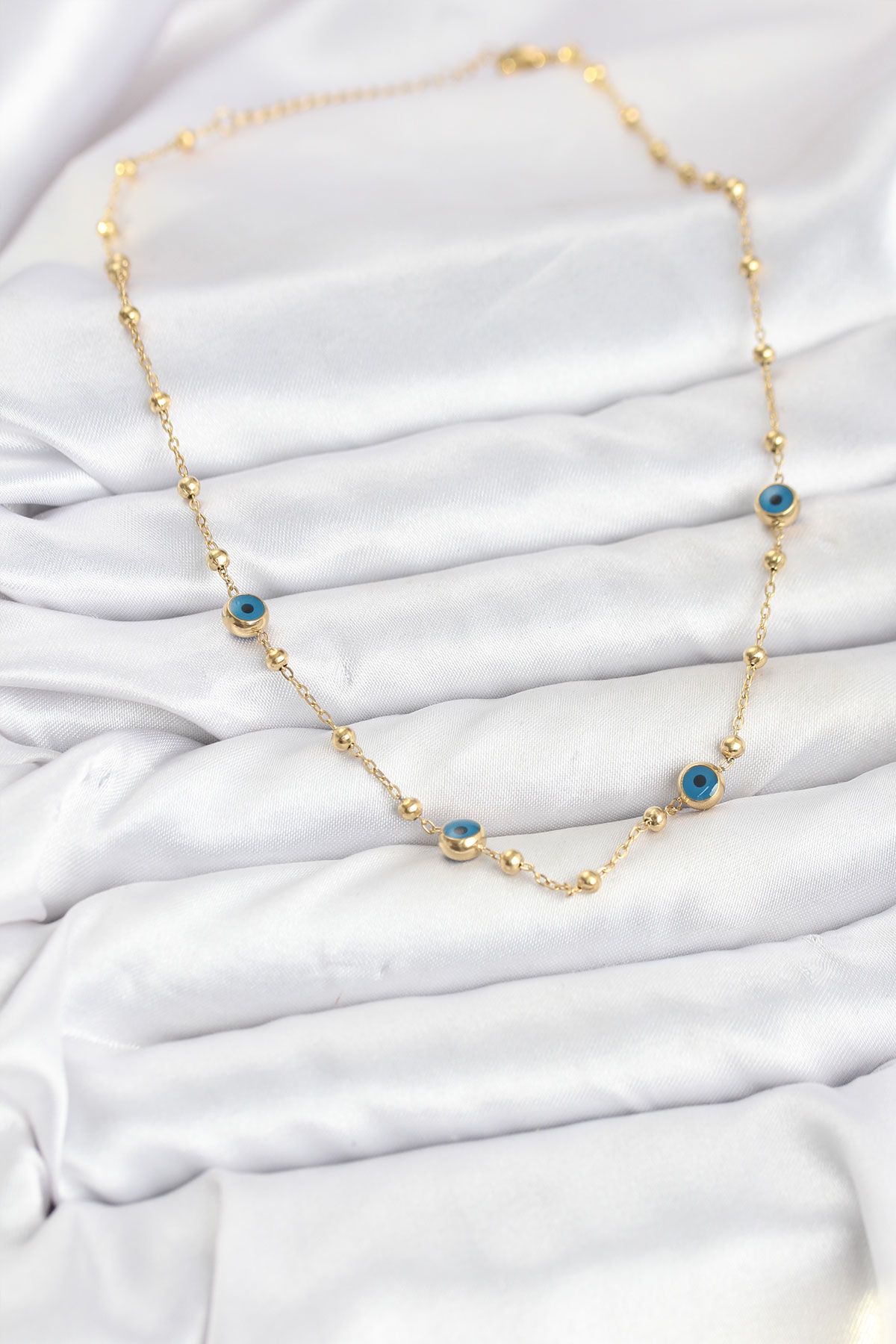 316L Çelik Gold Renk Nazarlı ve Topçuklu Model Kadın Kolye - TJ-BKO10814