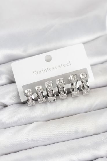 316L Çelik Gümüş Renk Zirkon Taşlı Halka Küpe Seti - TJ-BKP11527