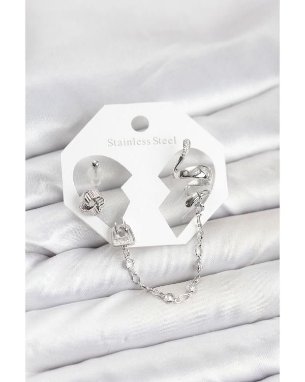 Pirinç Gümüş Renk Yılan Model Zincir Bağlantılı Ear Cuff Küpe Seti - TJ-BKP11533