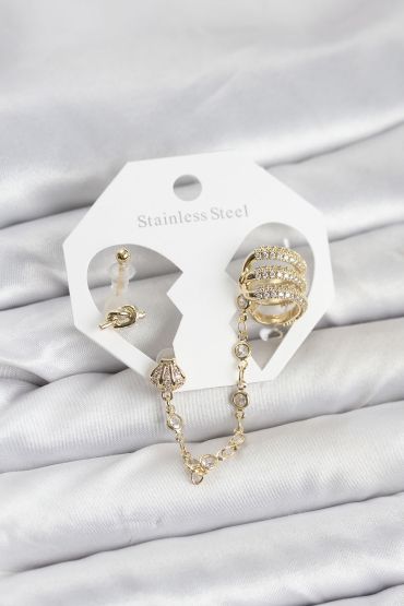 Pirinç Gold Renk Sarmal Model Zincir Bağlantılı Ear Cuff Küpe Seti - TJ-BKP11536