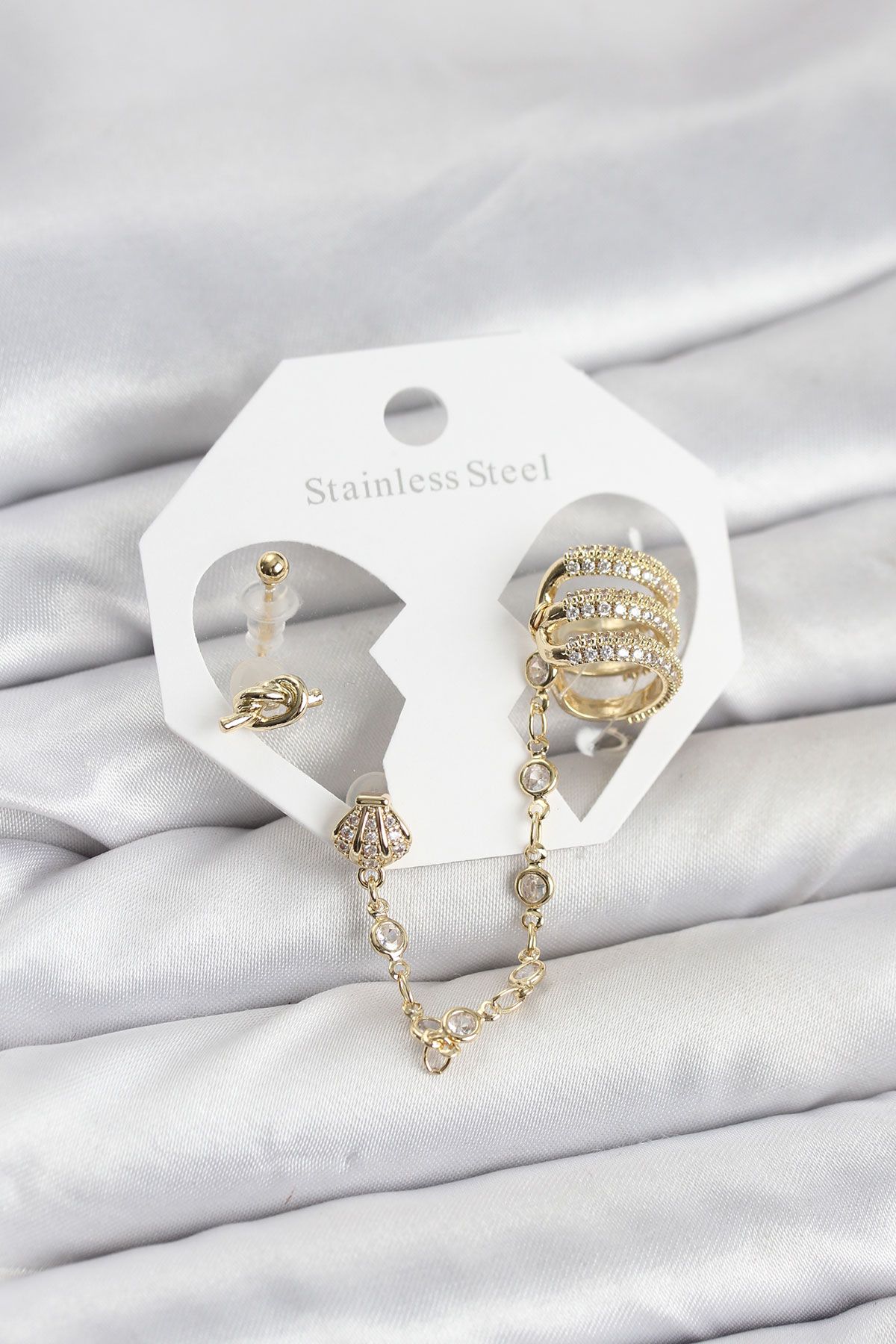 Pirinç Gold Renk Sarmal Model Zincir Bağlantılı Ear Cuff Küpe Seti - TJ-BKP11536