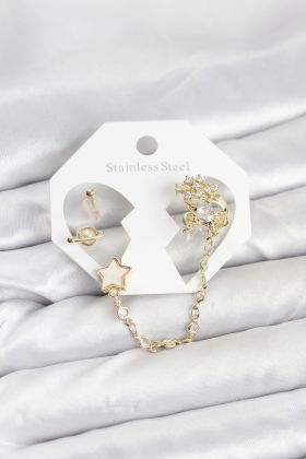 Pirinç Gold Renk Yıldız Model Zincir Bağlantılı Ear Cuff Küpe Seti - TJ-BKP11538
