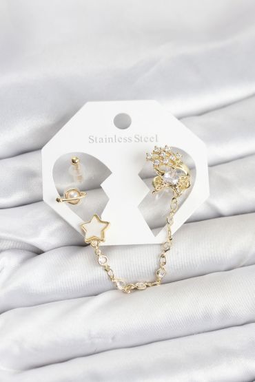 Pirinç Gold Renk Yıldız Model Zincir Bağlantılı Ear Cuff Küpe Seti - TJ-BKP11538