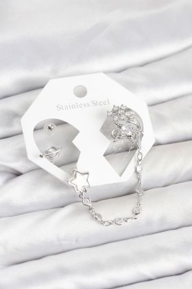 Pirinç Gümüş Renk Yıldız Model Zincir Bağlantılı Ear Cuff Küpe Seti - TJ-BKP11539