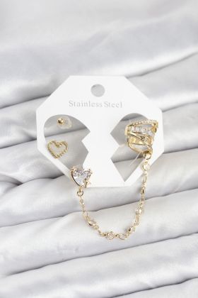 Pirinç Gold Renk Kalp Model Zincir Bağlantılı Ear Cuff Küpe Seti - TJ-BKP11541