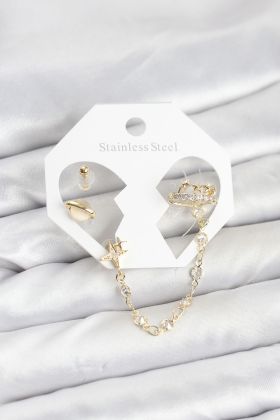 Pirinç Gold Renk Uzay Model Zincir Bağlantılı Ear Cuff Küpe Seti - TJ-BKP11542