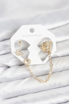 Uzay Model Pirinç Gold Renk Zincir Bağlantılı Ear Cuff Küpe Seti - TJ-BKP11546