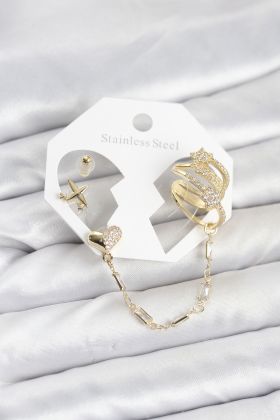 Kalp Yıldız Model Pirinç Gold Renk Zincir Bağlantılı Ear Cuff Küpe Seti - TJ-BKP11547