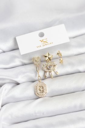 Pirinç Gold Renk Göz ve Kutup Yıldızı Model YSX Trio Küpe Seti - TJ-BKP11556
