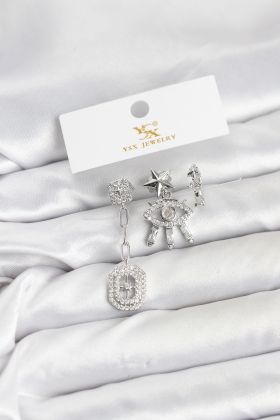Pirinç Gümüş Renk Göz ve Kutup Yıldızı Model YSX Trio Küpe Seti - TJ-BKP11557