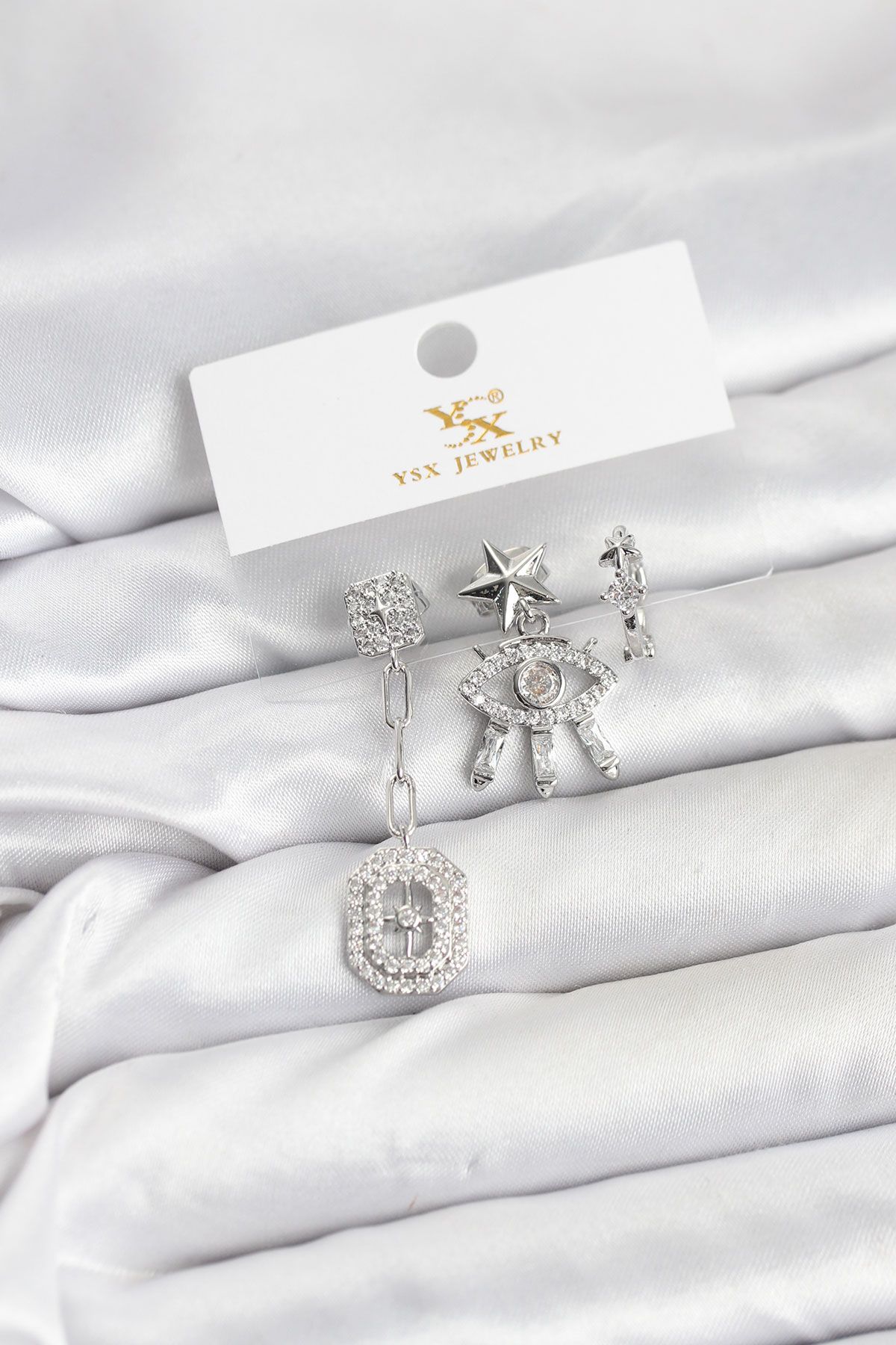 Pirinç Gümüş Renk Göz ve Kutup Yıldızı Model YSX Trio Küpe Seti - TJ-BKP11557