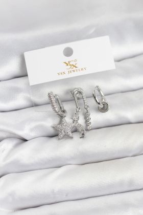 Pirinç Gümüş Renk Zirkon Taşlı Yıldız Vintage Model YSX Trio Küpe Seti - TJ-BKP11563