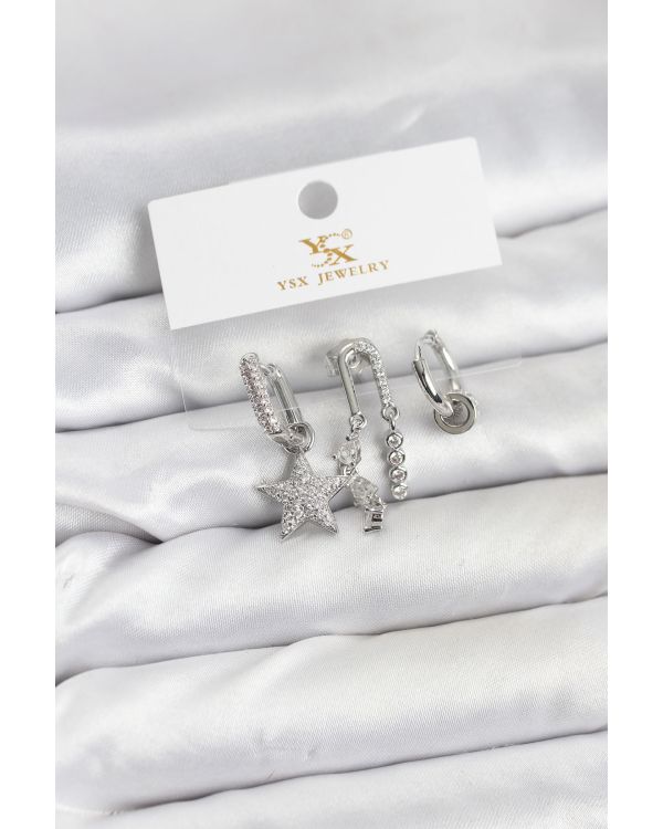 Pirinç Gümüş Renk Zirkon Taşlı Yıldız Vintage Model YSX Trio Küpe Seti - TJ-BKP11563