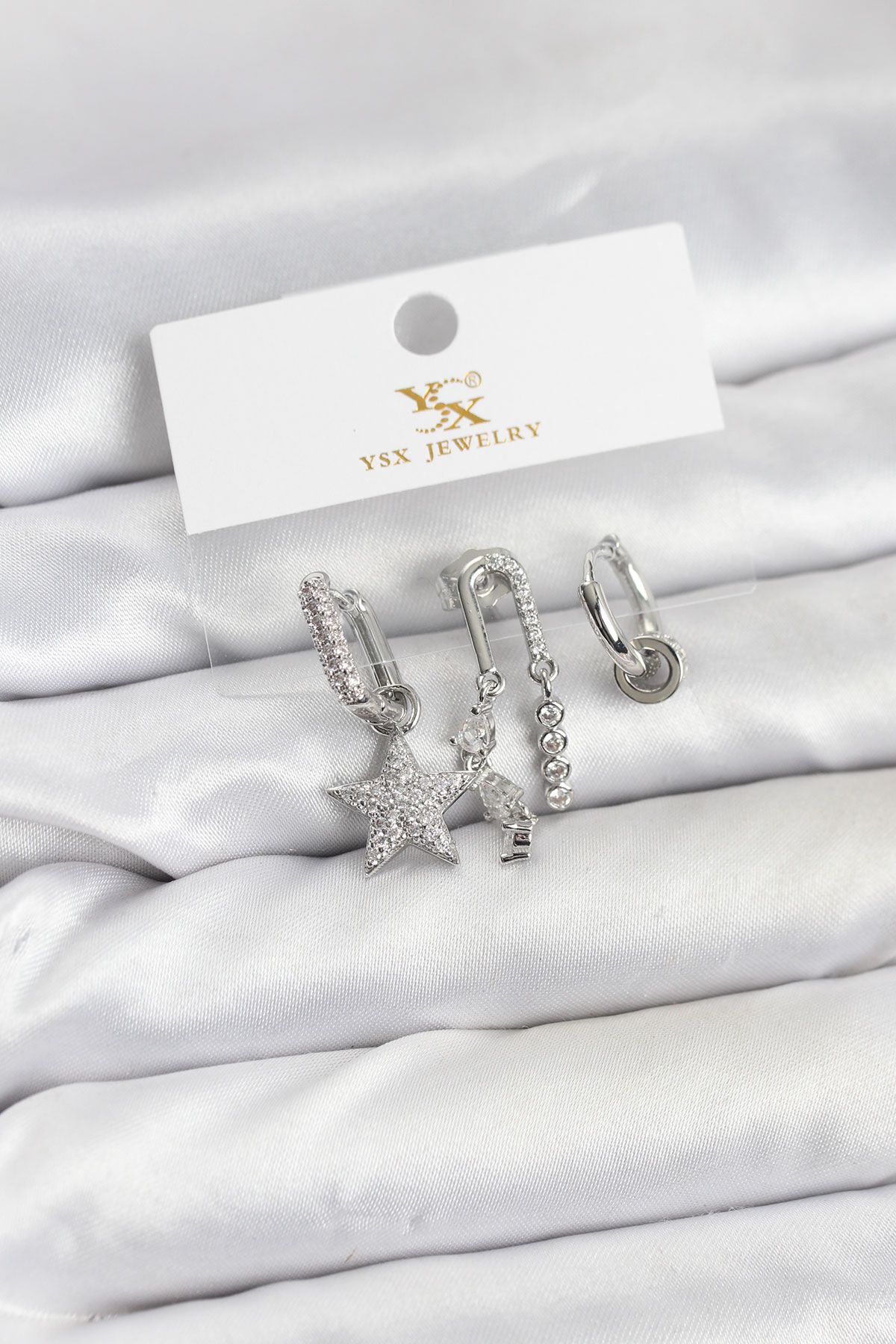 Pirinç Gümüş Renk Zirkon Taşlı Yıldız Vintage Model YSX Trio Küpe Seti - TJ-BKP11563