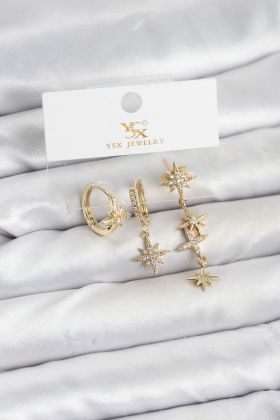 Pirinç Gold Renk Zirkon Taşlı Kutup Yıldızı Model YSX Trio Küpe Seti - TJ-BKP11564