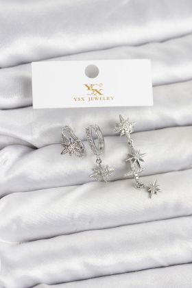 Pirinç Gümüş Renk Zirkon Taşlı Kutup Yıldızı Model YSX Trio Küpe Seti - TJ-BKP11565