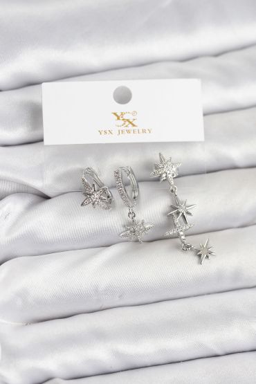 Pirinç Gümüş Renk Zirkon Taşlı Kutup Yıldızı Model YSX Trio Küpe Seti - TJ-BKP11565