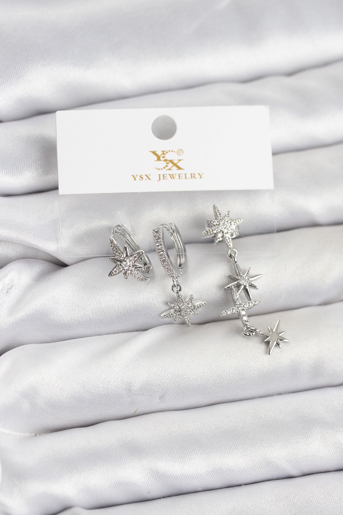 Pirinç Gümüş Renk Zirkon Taşlı Kutup Yıldızı Model YSX Trio Küpe Seti - TJ-BKP11565