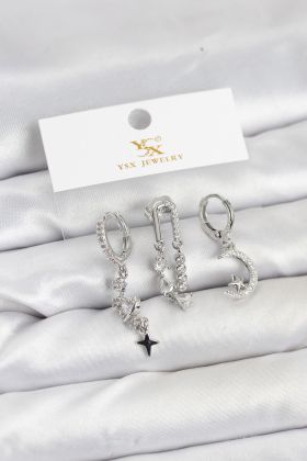 Pirinç Gümüş Renk Zirkon Taşlı Uzay Model YSX Trio Küpe Seti - TJ-BKP11569
