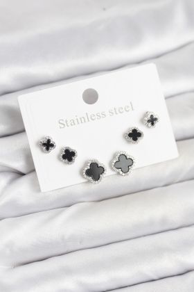 316L Çelik Gümüş Renk Zirkon Taşlı Yonca Model Kadın Küpe Seti - TJ-BKP11587