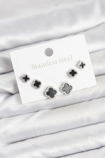 316L Çelik Gümüş Renk Zirkon Taşlı Yonca Model Kadın Küpe Seti - TJ-BKP11587