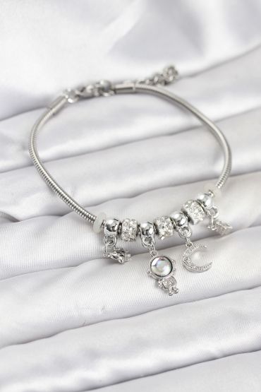 Pirinç Gümüş Renk Uzay Tema Charmlı Kadın Bileklik - TJ-BB8178