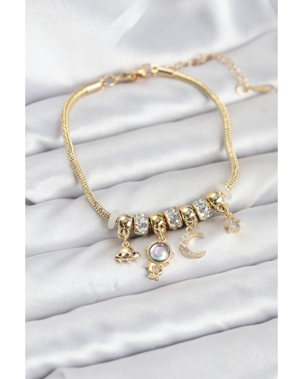 Pirinç Gold Renk Uzay Tema Charmlı Kadın Bileklik - TJ-BB8179