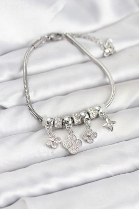 Pirinç Gümüş Renk Yonca Model Kadın Bileklik - TJ-BB8194