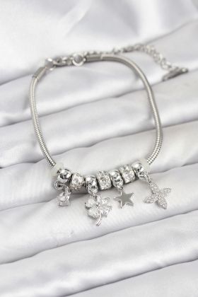 Gümüş Renk Pirinç Yonca Charmlı Kadın Bileklik - TJ-BB8202