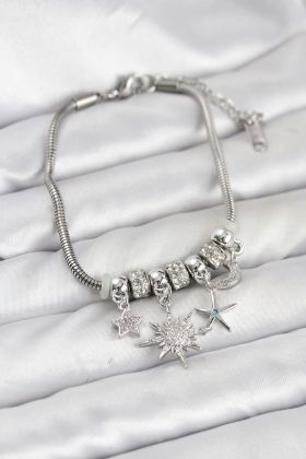 Pirinç Gümüş Renk Güneş Tema Charmlı Kadın Bileklik - TJ-BB8210