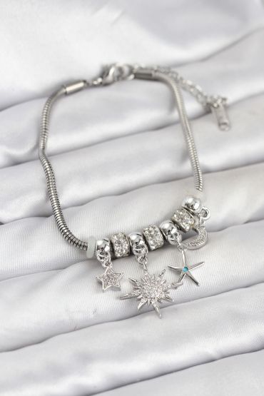 Pirinç Gümüş Renk Güneş Tema Charmlı Kadın Bileklik - TJ-BB8210