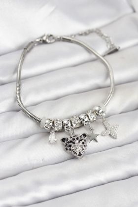 Pirinç Gümüş Renk Kaplan Model Charmlı Kadın Bileklik - TJ-BB8212