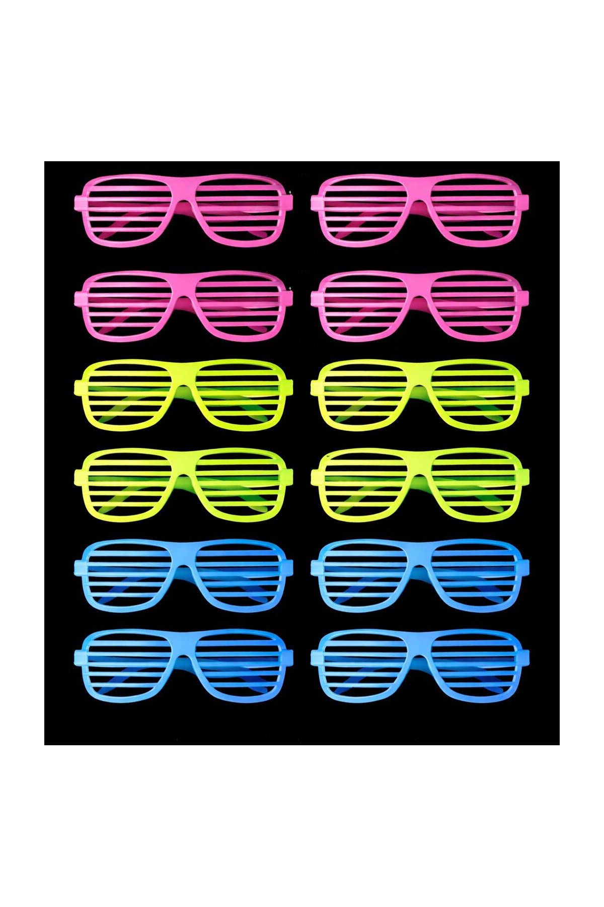 Retro Neon Fosforlu Panjur Gözlük 12 Adet – 80’ler 90’lar Parti Stili