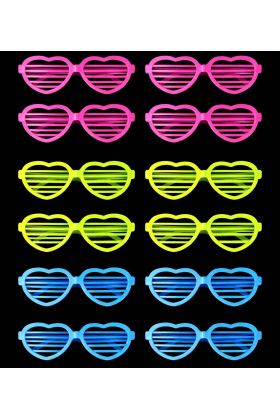 Retro Neon Fosforlu Kalp Panjur Gözlük 12 Adet – 80’ler 90’lar Parti Stili