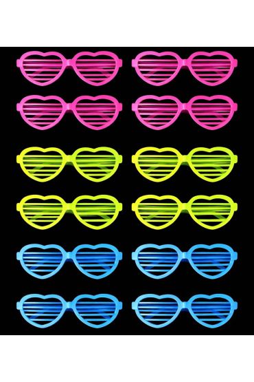 Retro Neon Fosforlu Kalp Panjur Gözlük 12 Adet – 80’ler 90’lar Parti Stili