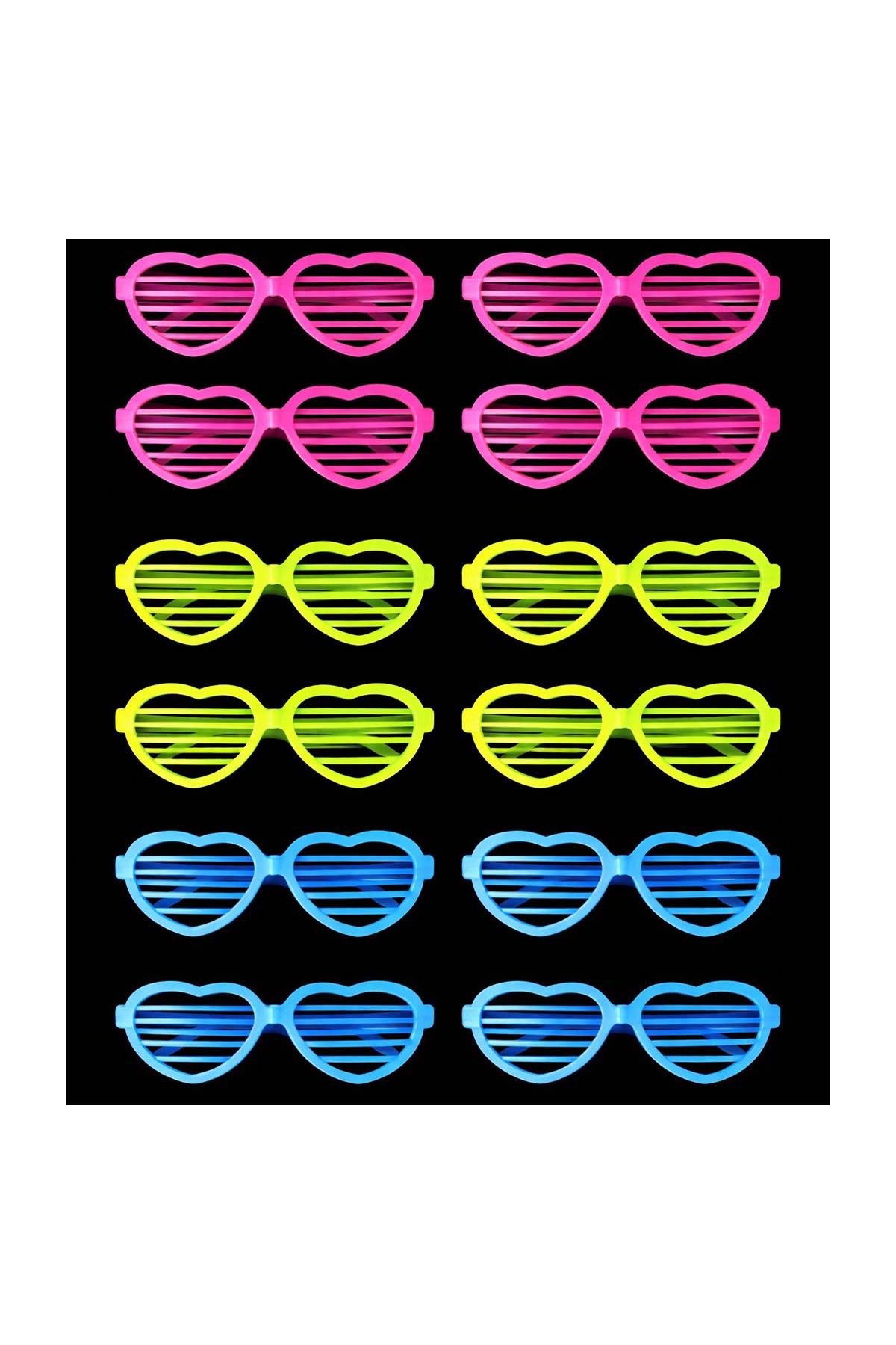 Retro Neon Fosforlu Kalp Panjur Gözlük 12 Adet – 80’ler 90’lar Parti Stili