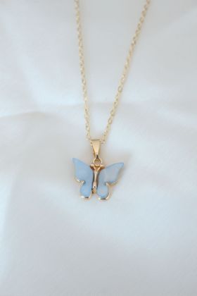 Gold Renk Kaplama Buz Mavisi Renk Sedefli Kelebek Kolye - TJ-BKO6438