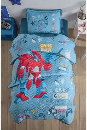 Tek Kişilik Yatak Örtüsü Game Over v1 Mavi