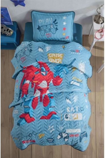 Tek Kişilik Yatak Örtüsü Game Over v1 Mavi