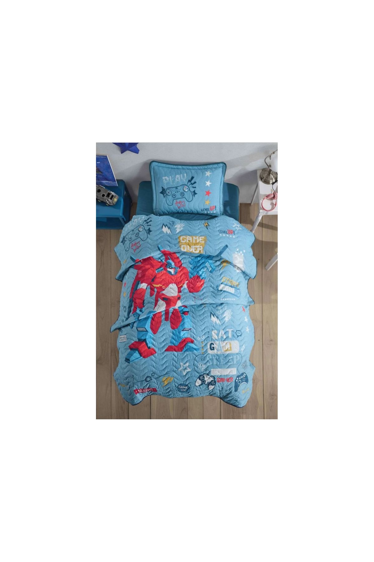 Tek Kişilik Yatak Örtüsü Game Over v1 Mavi