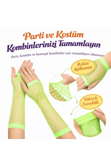 80’ler 90’lar Retro Neon Yeşil File Parmaksız Eldiven 26 cm