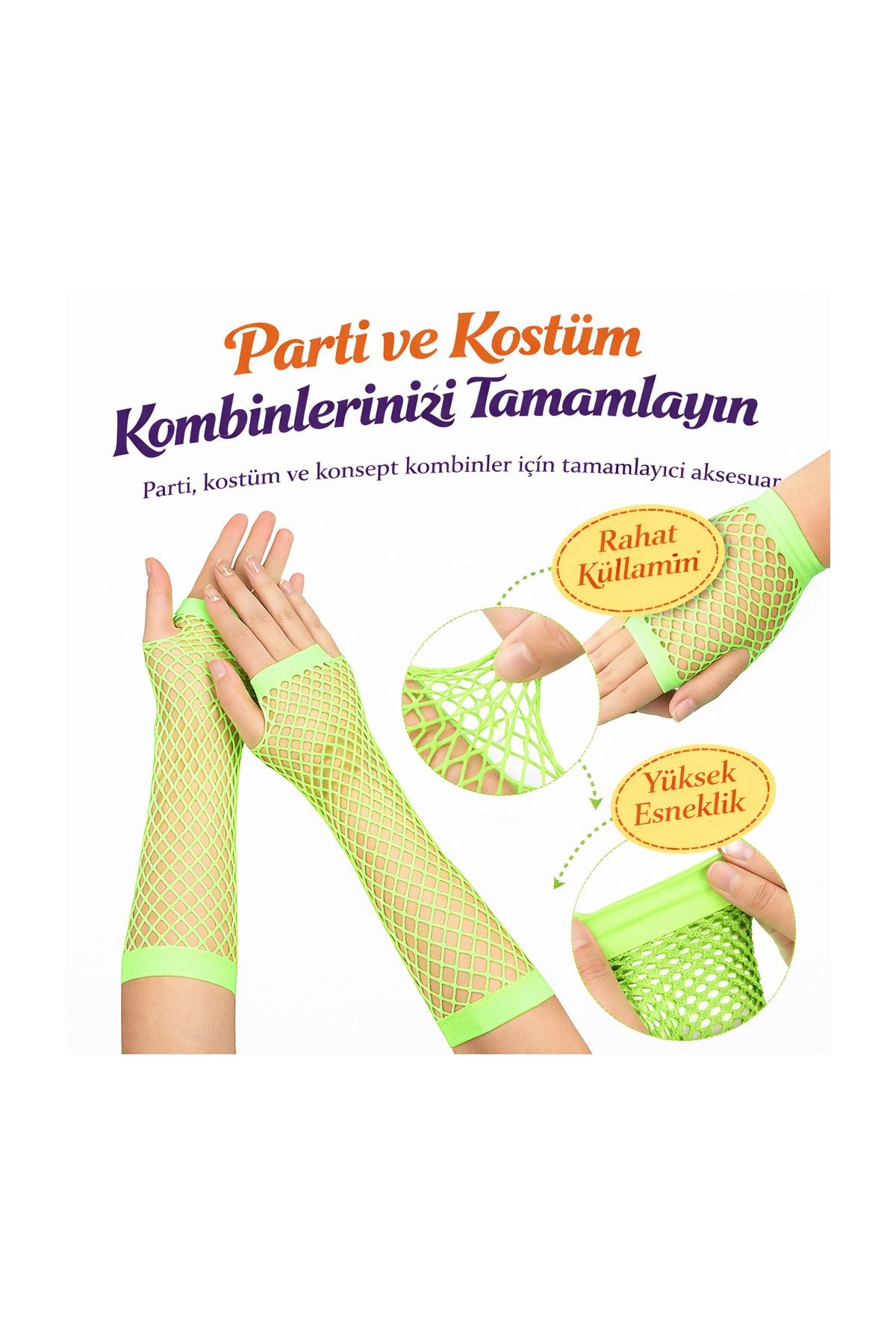 80’ler 90’lar Retro Neon Yeşil File Parmaksız Eldiven 26 cm