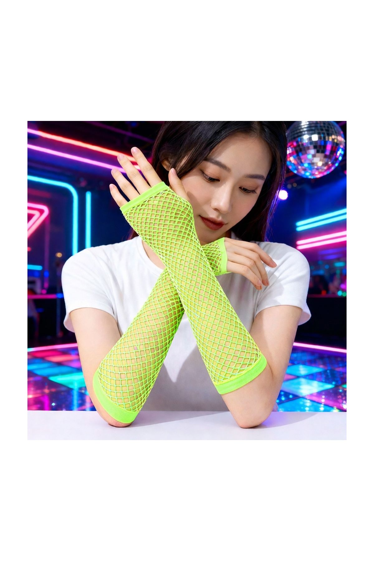 80’ler 90’lar Retro Neon Yeşil File Parmaksız Eldiven 26 cm