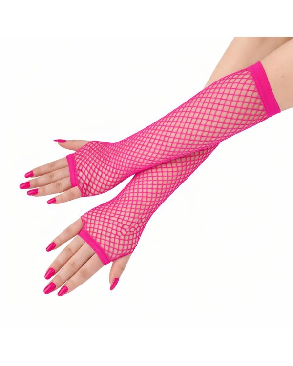 80’ler 90’lar Retro Neon Fuşya Şeker Pembesi File Parmaksız Eldiven 26 cm