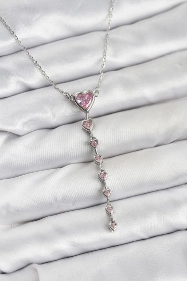 316L Çelik Zincir Gümüş Renk Pembe Kalp Kadın Kolye - TJ-BKO10821