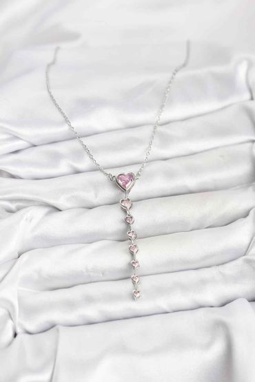 316L Çelik Zincir Gümüş Renk Pembe Kalp Kadın Kolye - TJ-BKO10821