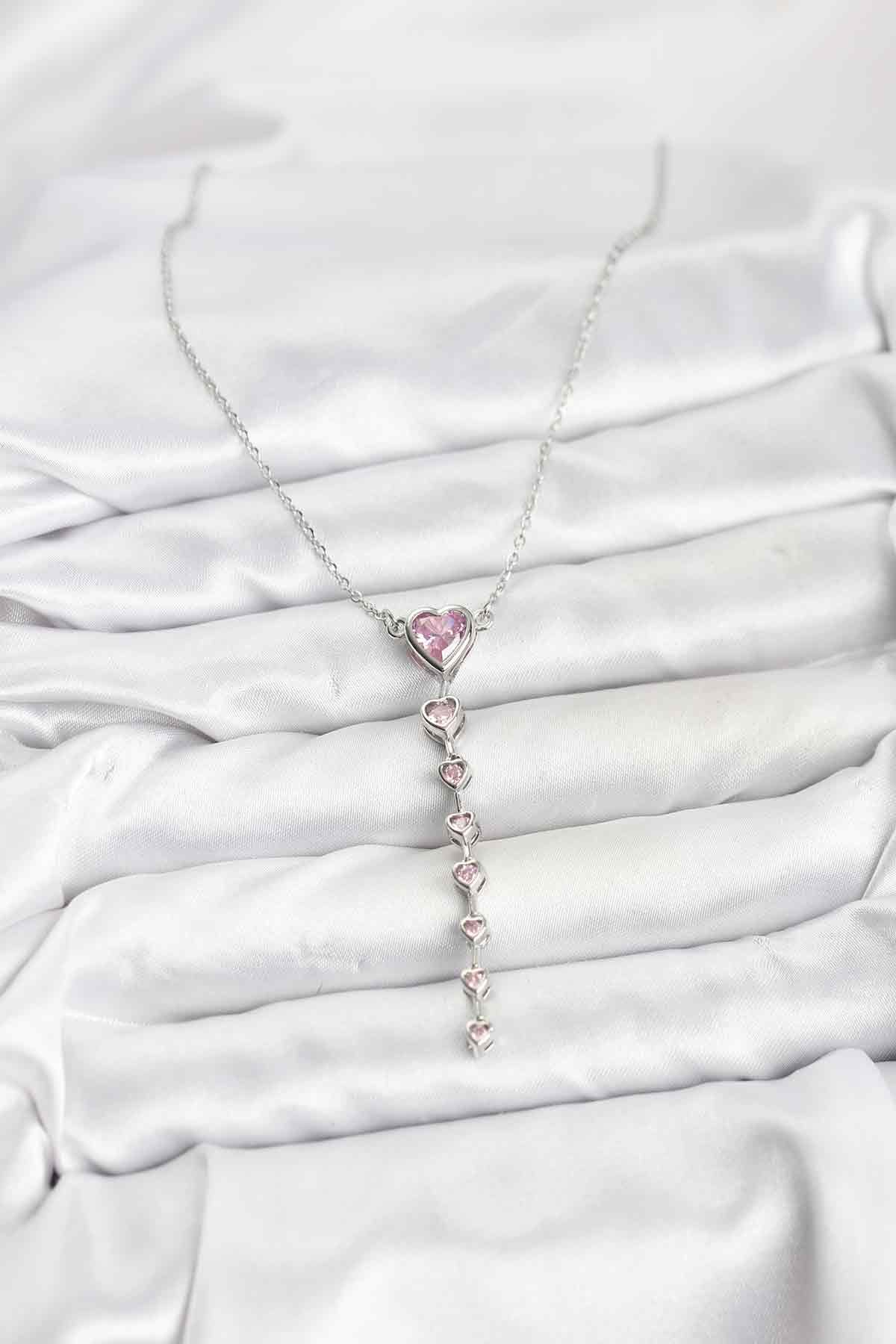 316L Çelik Zincir Gümüş Renk Pembe Kalp Kadın Kolye - TJ-BKO10821