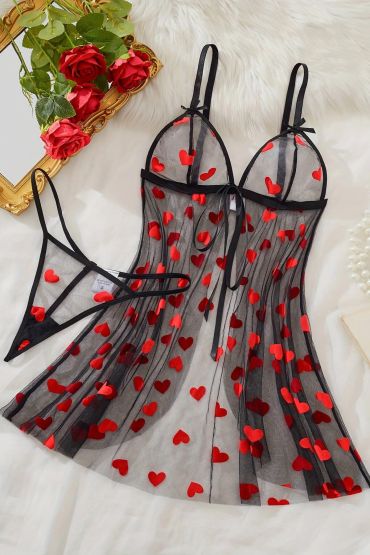 Kalp Desenli  Transparan Gecelik