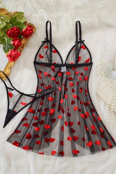 Kalp Desenli  Transparan Gecelik