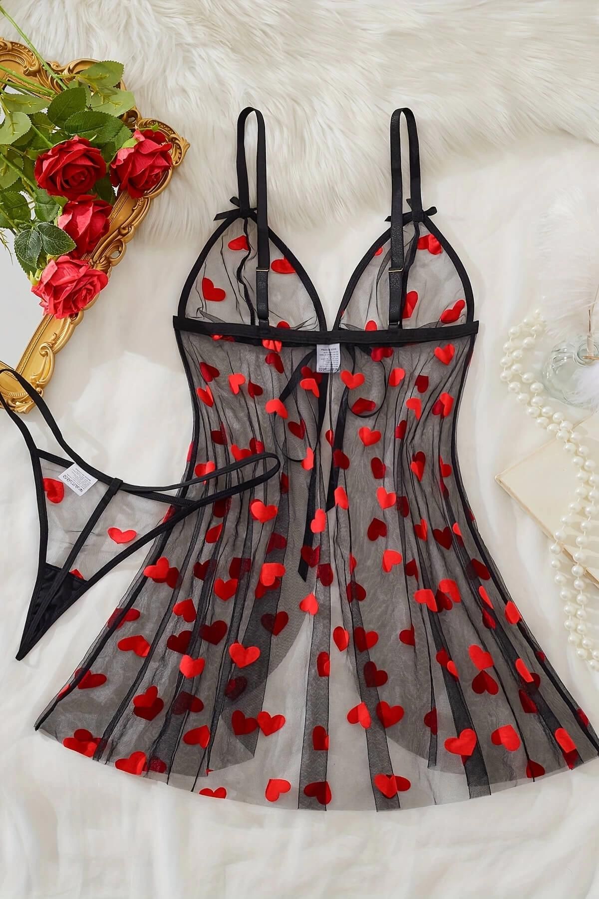 Kalp Desenli  Transparan Gecelik